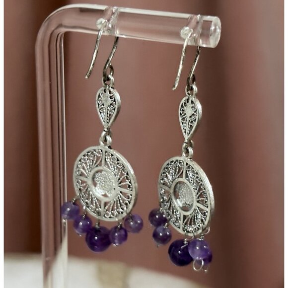 Silver Tone Filigree Dangle Earrings Purple Bead Boho Vintage Style - Picture 2 of 4